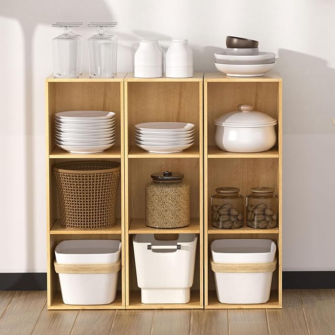 3 Cube Storage Organizer,Cube Shelf，3 Tier Cube Low Bookcase Freestanding Storage Display Organizer, Three-Cubes Open Shelf Bookshelf for Home Office (Oak, 3-Cube)