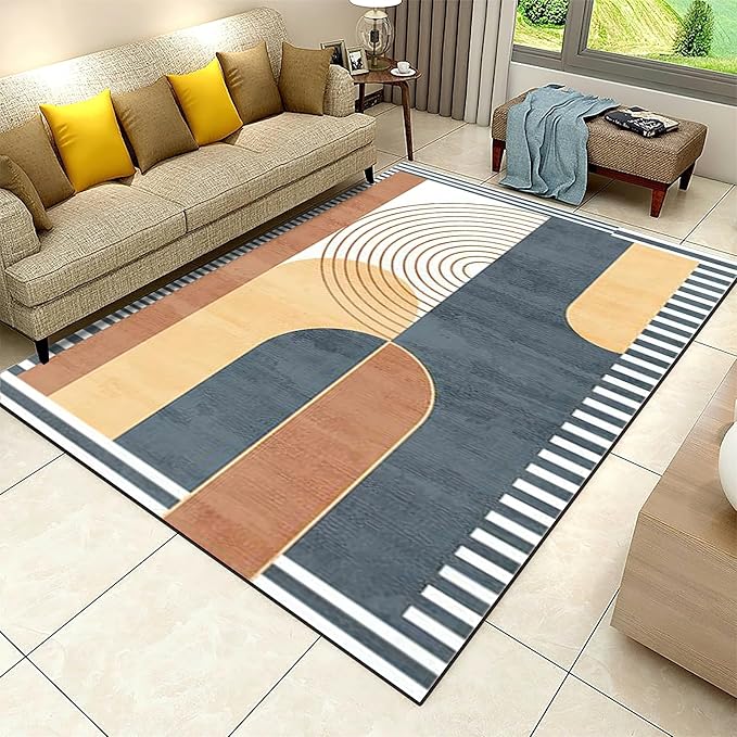 Vintage Modern Mid Century Area Rug, Abstract Geometric Irregular Stripes Non Slip Bedroom Rugs, Breathable Durable Carpet for Indoor Study Living Room Office Decor Rug - 3 ft x 5 ft