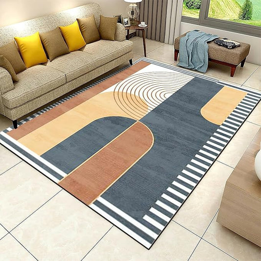 Vintage Modern Mid Century Area Rug, Abstract Geometric Irregular Stripes Non Slip Bedroom Rugs, Breathable Durable Carpet for Indoor Study Living Room Office Decor Rug - 4 ft x 5 ft