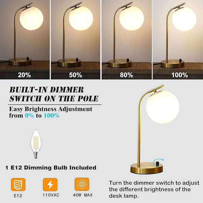 Gold Globe Dimmable Table Lamp Minimalist Nightstand Lamps Mid Century Modern Desk Lamp with Milk White Glass Shade Metal Base for Dorm, Living Room Bedroom, Office,Kids Room (Tall)