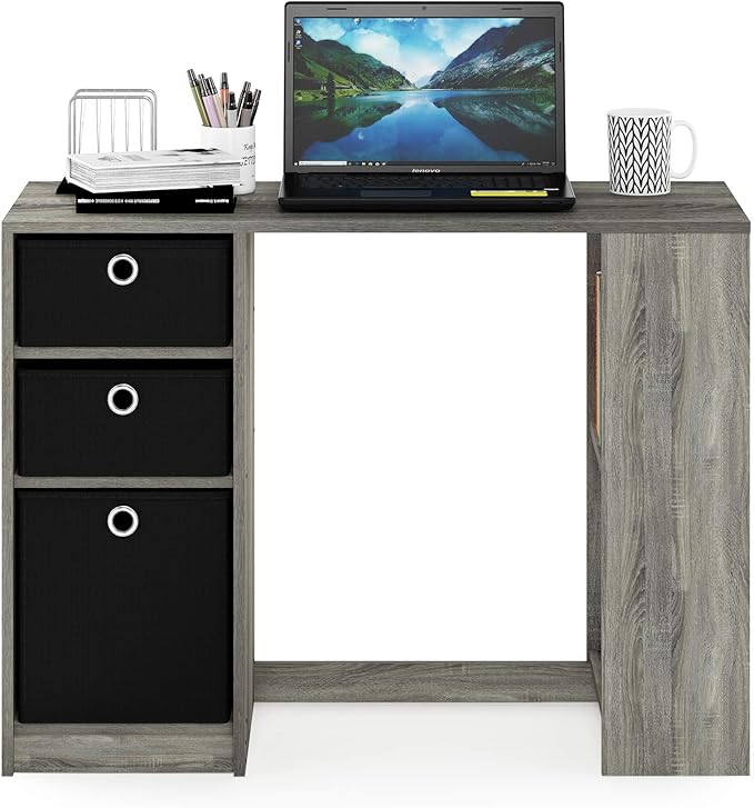 Furinno JAYA Desk, 39.4" Wide Gaming Desk with Drawer Bins, Computer Desk with Side Book Shelf, Writing Desk, Office Desk for Home Office, Study Room, Dorm, Bedroom, French Oak