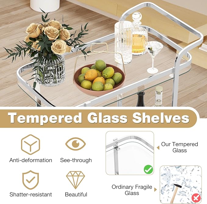 Tangkula Bar Cart for The Home, 2-Tier Rolling Tempered Glass Serving Cart, 2 Large Gold Aluminum Wheels & 2 Casters, Handle, Stainless Steel Frame, Modern Wine Cart for Kitchen Dining Room