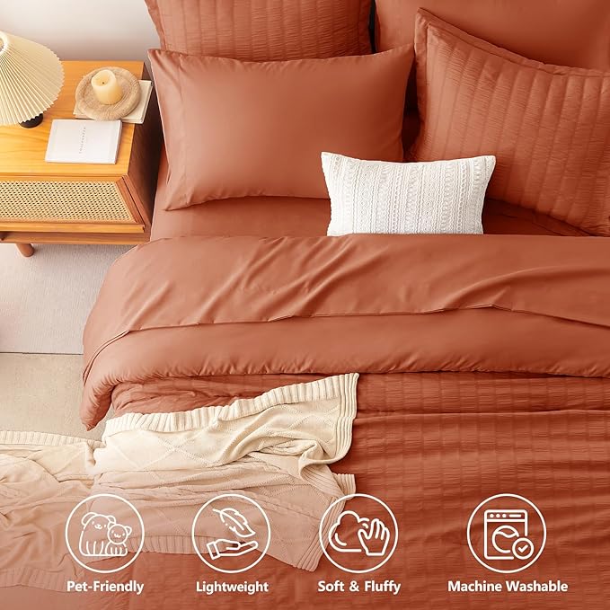 CozyLux Oversized King Comforter Set with Sheets, 7 Pieces 120"x98" Burnt Orange Seersucker Bed in a Bag, Terracotta Bedding Set with Down Alternative Comforter, Sheets, Pillowcases & Shams, Home Gift
