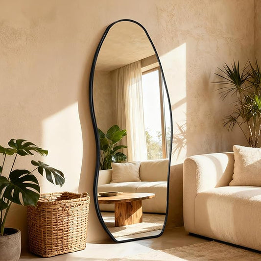 Mirror Full Length - Irregular Full Body Mirror Standing or Leaning or Wall Hanging 63"x 24" Asymmetrical Aviation Aluminum Alloy Frame Unique for Bedroom, Living Room, Cloakroom, Entryway