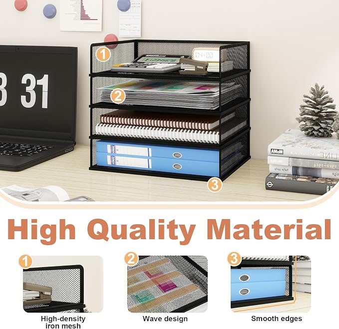 Natwind 4 Tier Letter Trays, File Trays for Desk Stackable,Desktop Paper Organizers for Office Supplies, Metal Mesh File Organizer，Office Organizer，Letter Trays for Home, Office, School，Black