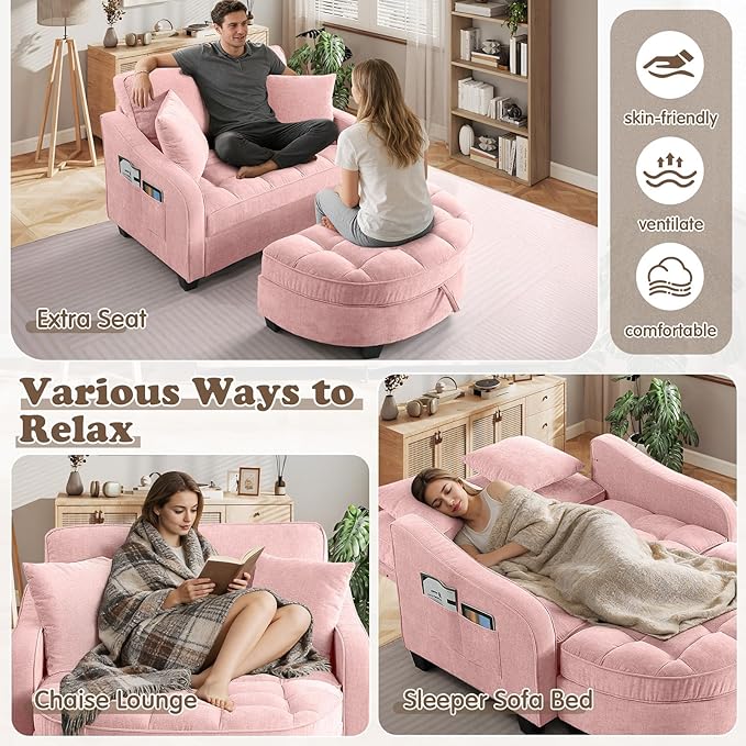 Oversized Chaise Lounge Chair Indoor with Ottoman, Chenille Tufted Comfy Loveseat Sofa Chair with Adjustable Backrest, Fluffy Recliner Sofa, Convertible Sleeper Couch Bed for Living Room(51"W, Pink)