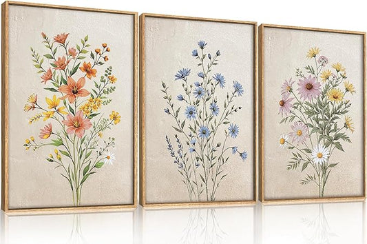 HPINUB Colorful Wildflower Canvas Framed Wall Art Set,Minimalist Botanical Floral Wall Decor,Vintage Flower Artwork,Modern Watercolor Boho Bouquet Art Print for Living Room,Bedroom,Farmhouse-16"x24"x3