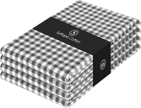 4 Pack Gingham Check Kitchen Dish Towels 16x26 Inches, Absorbent & Durable, Washable, Hand Tea Towels with Hanging Loop - Ideal for Restaurants & Home Kitchens, Grey White
