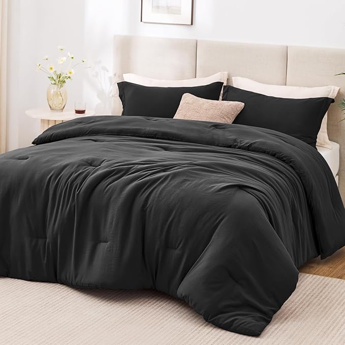 Love's cabin Black Full Comforter Set, 3-Piece Prewashed Bed Set with 1 Comforter (79 x 90 in) & 2 Pillowcases, Lightweight & Breathable for All Seasons | Soft