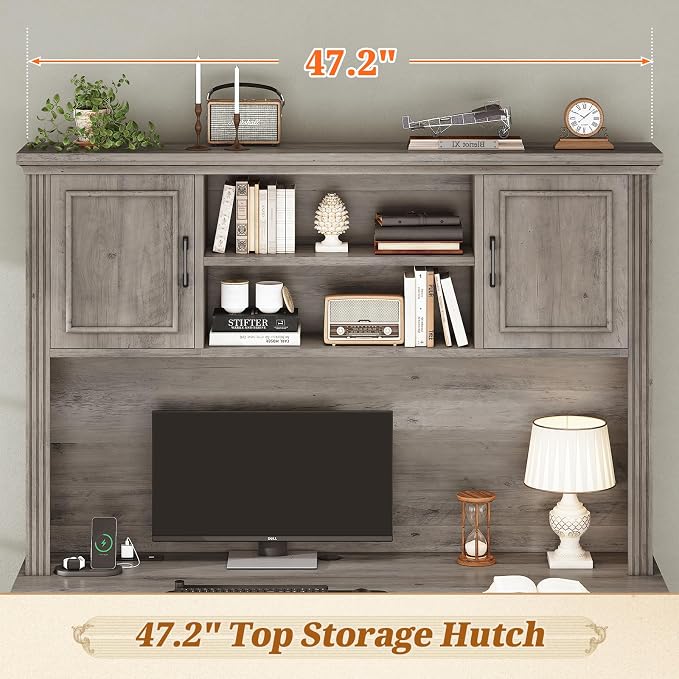 SEDETA Office Desk with 3 Drawers, 47.2" Executive Computer Desk with Storage Drawers and Hutch Cabinet, Wood Farmhouse Desk with Power Outlet for Home Office, Grey
