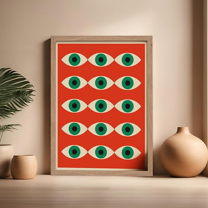 Poster Master Bauhaus Poster - Red Evil Eye Print - Graphic Design Art - Eye Art - Geometric Art - Chic Boho Art - Mid Century Modern Art - Living Room or Bedroom Wall Decor - 16x20 Beige Framed