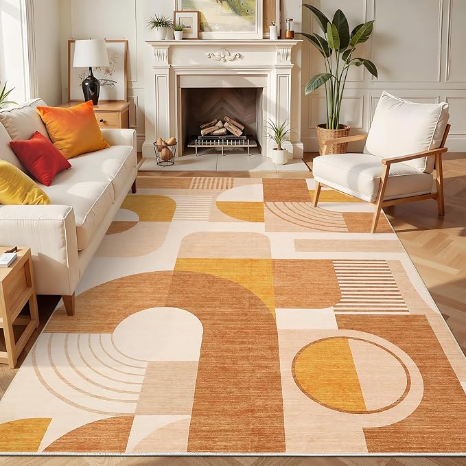 CAROMIO 6x9 Area Rug for Living Room, Boho Geometric Large Washable Rug for Bedroom Dining Room Soft Low Pile Non-Slip Indoor Rugs for Playroom Dorm Girls, Orange Multi, 6'x9'