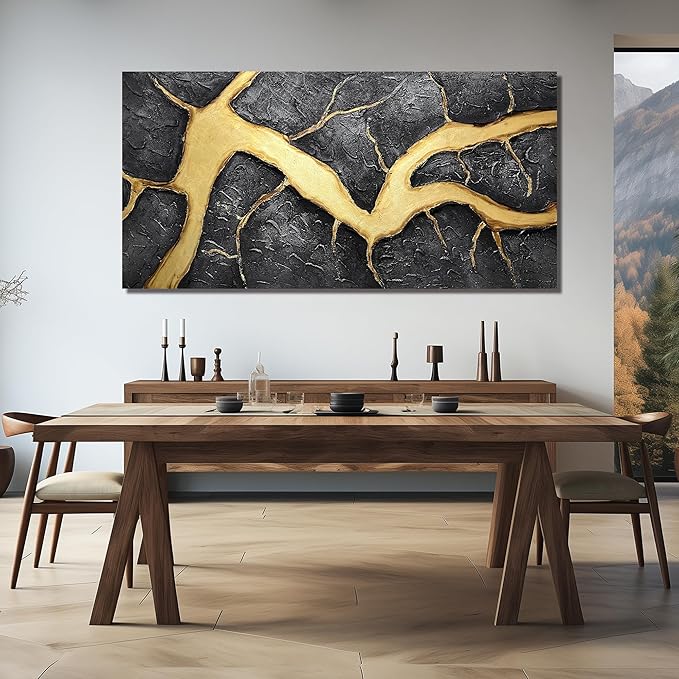 DNIEOTU Hand Painted Abstract Wall Art for Living Room, Black and Gold Canvas Wall-Decor for Bedroom, 3D Textured Paintings for Hallway Office, Large Size 72 x 36 Inches