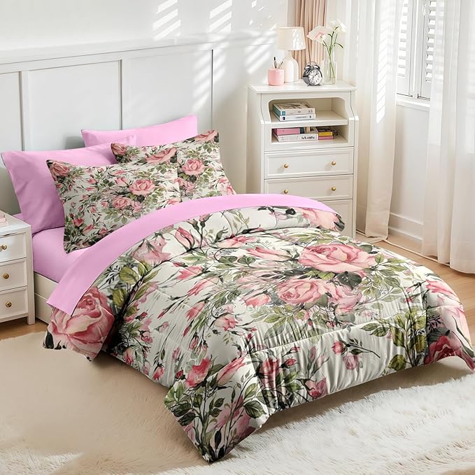 Nesker 7 Pcs Comforter Set King Size, Shabby Chic Vintage Summer Bedding Set for Kids and Adults, Rose Herbs Flower Bed Sheet Sets with Fitted Sheet 2 Pillowcases & 2 Shams