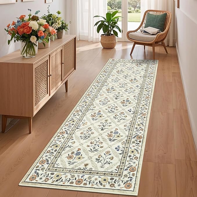 GarveeHome Runner Rug for Hallway Entryway 2.5x8 Farmhouse Floral Non-Slip Machine Washable Kitchen Rug Runner Non-Shedding Low-Pile Soft Long Carpet for Entrance Laundry Room Beige