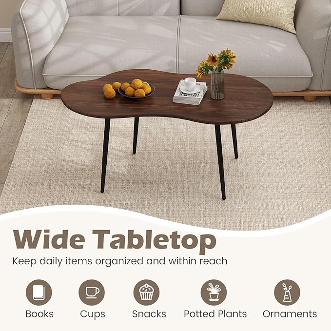 Giantex Small Coffee Table, 39.5" Cloud Center Table with Metal Frame, Unique Irregular Accent Cocktail Tea Table, Modern Wood Coffee Table for Living Room, Small Spaces (Walnut)