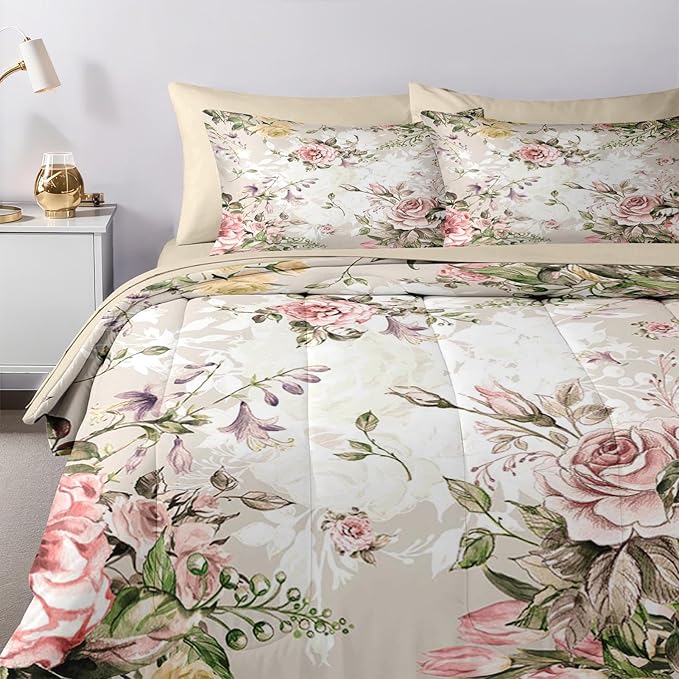 Nesker 7 Pcs Comforter Set Queen Size, Vintage Flower Summer Bedding Set for Kids and Adults, Rose Floral Shabby Chic Sheets Bed Sheet Sets with Fitted Sheet 2 Pillowcases & 2 Shams