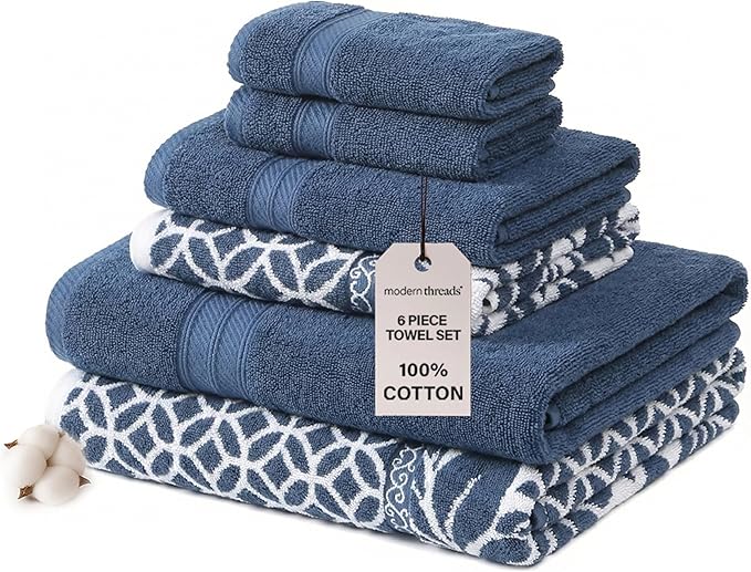 Modern Threads Trefoil Filigree 6-Piece 100% Cotton Towel Set – Reversible Yarn Dyed Jacquard – Includes 2 Bath Towels, 2 Hand Towels, 2 Washcloths – Absorbent, Quick Dry, Soft & Durable – Navy Blue