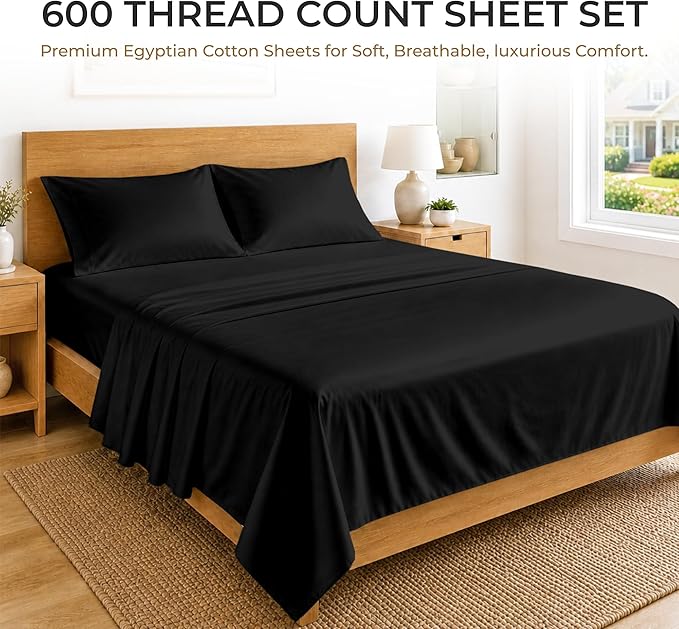SGI bedding 100% Egyptian Cotton Sheets Twin XL Size – 600 Thread Count Sheets Set, Soft, Cooling, 15" Deep Pocket, Luxury Hotel Bedding, Breathable, Durable - Black
