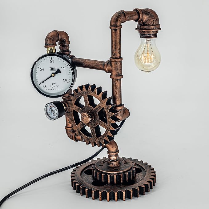 Ari Deco Industrial Steampunk Pipe Table Lamp (Dual Decorative Pressure Gauges) QTF-BT04