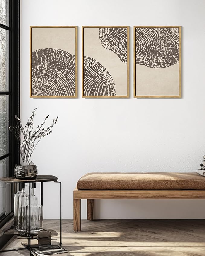 KUVIOKE Framed Tree Rings Wood Wall Art Modern Retro Beige Wood Stump Wall Decor Nature Rustic Art Print for Farmhouse Living Room Bedroom 16x24in (Natural Framed)