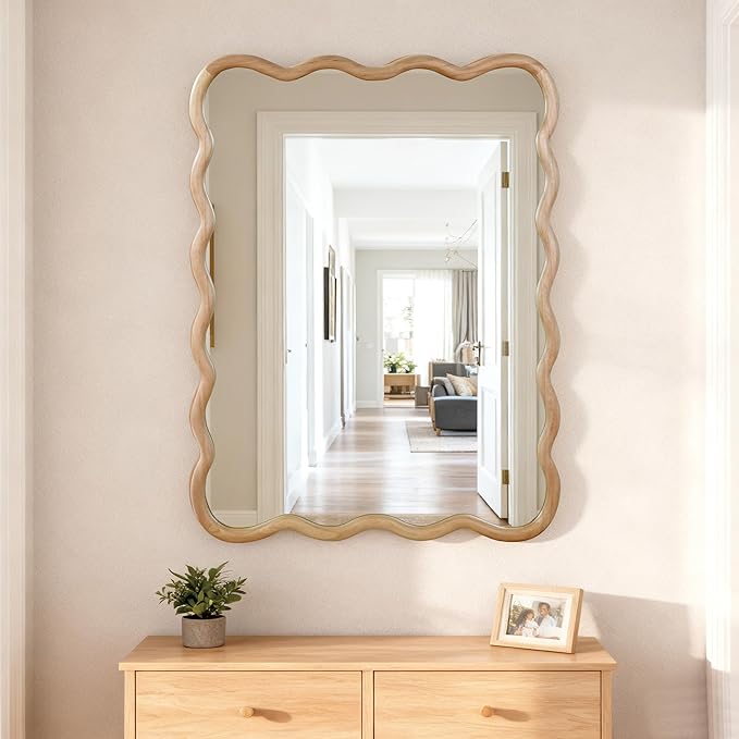 40x30 Inch Wooden Wavy Rectangle Wall Mirror, Modern Solid Wood Frame Decorative Accent Mirror for Bedroom, Bathroom, Living Room, Entryway, Natural Wood Color
