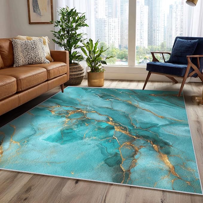 Turquoise Marble Abstract Area Rug, Blue Gold Pattern Carpet, Washable Non Slip Low Pile Soft Thin, Living Room Bedroom Home Decor Mat 6x8ft