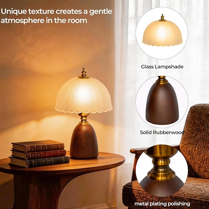 13“ Mid-Century Modern Small Table Lamp, Vintage Scalloped Frosted Glass Bedside Lamp for Bedroom Living Room, Solid Walnut Wood Style Base 3-Color Dimmable LED, Aesthetic Decor Gift