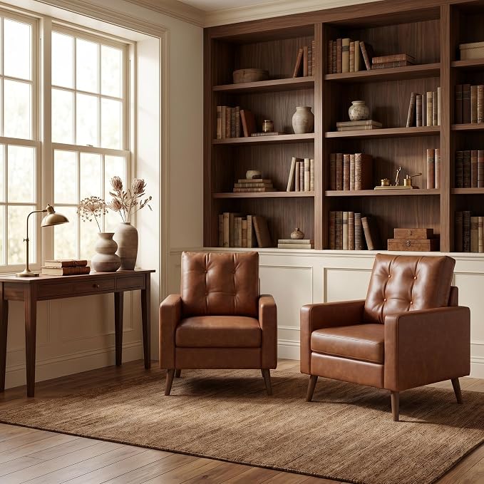 HNY Set of 2 Mid Century Modern Armchair, Button Tufted Faux Leather Accent Chair with Arm, Upholstered Club Chair for Living Room, Bedroom, Rubber Wood Legs, Caramel