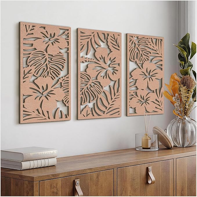 VIYYIEA Boho Solid Wood Carved Wall Art Set of 3, Geometric Minimalist Wooden Home Decor Panels, Handcrafted Solid Wood Wall Hanging for Living Room Bedroom Hallway, 16 x 8 Inch Each (Blooms)