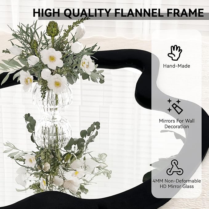 Irregular Wall Mirror Asymmetrical Mirror, Black Wavy Mirror with Flannel Frame, Decorative Wall Mirror for Bedroom, Livingroom, Entryway, 20"x 28"