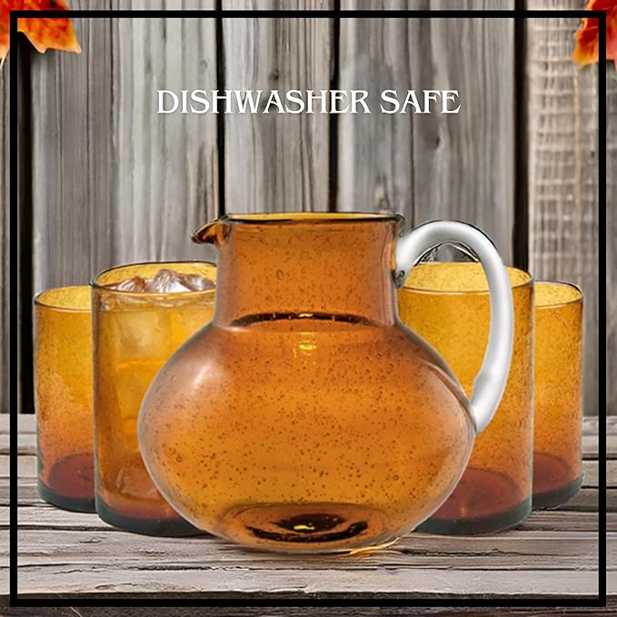ARTLAND Iris 90oz Glass Pitcher & 17oz Highball Glasses (Set of 4) - Handcrafted Drinkware, Unique Bubble Design, Lead-Free Glass for Serving Beverages, Home Dining, Entertaining Essentials (Amber)
