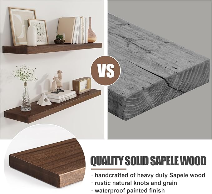 Floating Shelves for Wall, USA-Sourced Sapele Wood 36 Inch Long Wall Shelves Set of 2, Natural Wooden Mounted Picture Ledge Shelf, Nursery Book Storage Shelf Kids Bookshelf, Display Shelf for Bathroom