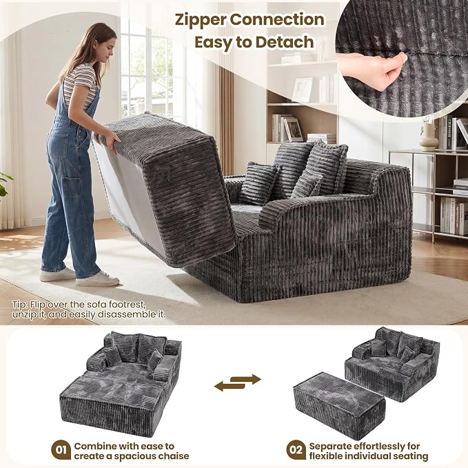 Chaise Lounge Chair Indoor,Boneless Chair with Ottoman,Comfy Reading Chair for Adults,Small Sofa Bed Couch for Living Room,Double Size,Grey