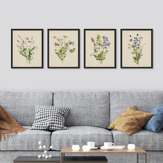 SIGNWIN Framed Watercolor Floral Botanical Wall Art, Set of 4 Vintage Wall Decor Prints, Minimalist Wall Décor for Living Room, Bedroom - 11"x14" Black