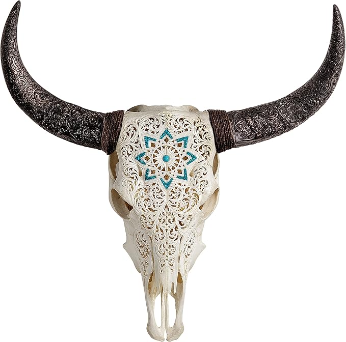Skull Bliss - Hand-Carved Real Authentic Taxidermy Cow Skull/Bull Skull Wall Decor with Horns/Real Animal Cow Skull Wall Decor (Hand-Carved Horns)