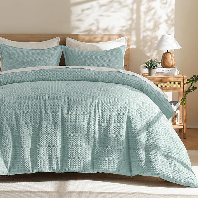 PHF Soft Waffle Comforter Set King Size- Comfy Breathable Waffle Weave Comforter with 2 Pillow Shams, 3 Pieces Less Snagging Lightweight Textured Bedding Set for All Season, Aqua