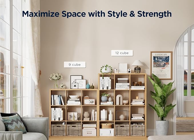 16-Cube Storage Organizer Bookcase, Thick Frame Wood Grain Storage Shelf, Rectangular Cube Open Back Display Unit, 48.8x9.4x48.8 Inches for Living Room, Bedroom, Home Office, Natural Wood