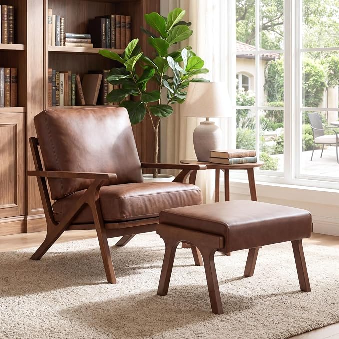chairus Mid-Century Modern Brown Faux Leather Accent Chairs with Ottomans Set of 2, Comfy Upholstered Lounge Armchairs with Solid Wood Frame, Retro Reading Chairs for Living Room Bedroom Office