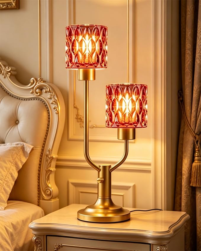 Lightdot Mid Century Modern Table Lamp Dimmable Nightstand Lamp Red Glass Vintage Gold Desk Lamp 2 Bulbs Included Warmwhite Ambient Bedside Lamps for Living Room Bedroom Girls Room Home Office Decor