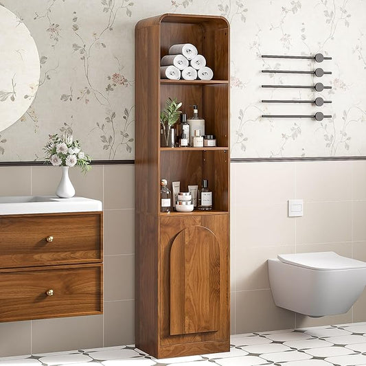 Tall Narrow Storage Cabinet with Arched Door, Slim Bathroom Cabinet with 5 Tier Shelves, Wood Mid Century Modern Display Cabinet for Living Room, Kitchen, Walnut, Adjustable Shelf, Wooden, Thin