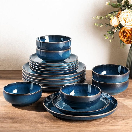 GBHOME Ceramic Dinnerware Sets for 4, 12 Pieces Stoneware Plates and Bowls Sets, Scratch Resistant Dishes, Dishwasher & Microwave Safe, Reactive Glaze-Pacific Blue