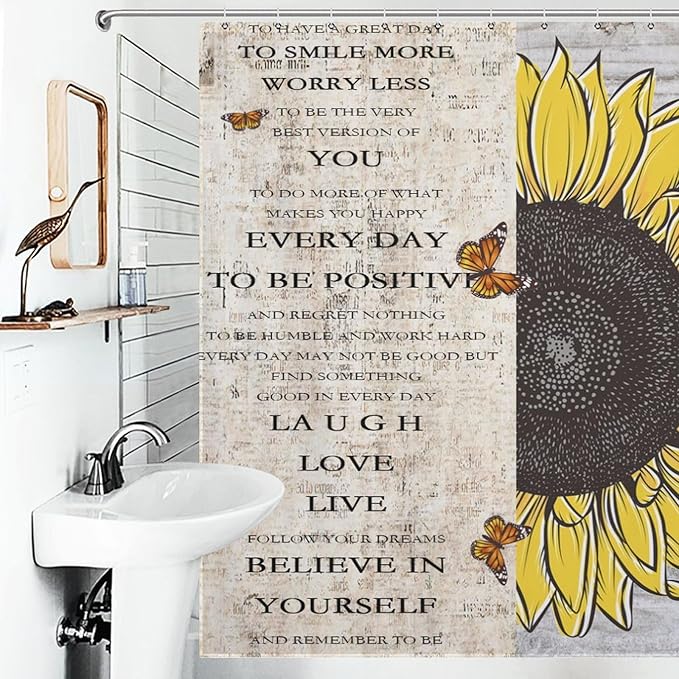 Inspirational Quotes Sunflowers Butterfly Shower Curtain,Vintage Old Newspaper Board Background Sunflower Animals Waterproof Shower Curtains for Bathroom Decor 12 Pack Hooks 72x72in (183x183cm)
