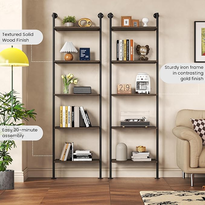 Acovy 5-Tier Bookshelf - Solid Wood Narrow Ladder Shelf Set of 2, Wall Mount Bookcase for Living Room, Bedroom - Industrial Style, Dark Brown