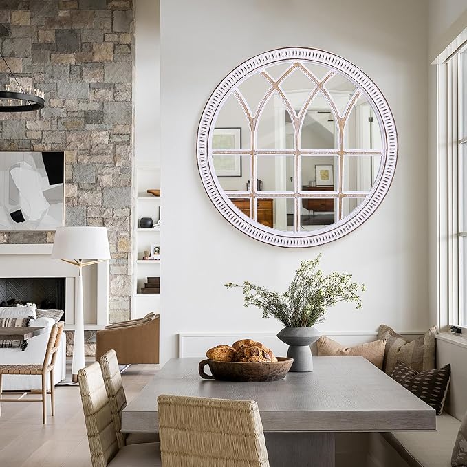 HOITUZYUS 36 Inch Decorative Round Wood Window Mirror | Large Farmhouse Windowpane Wall Mirrors for Entryway, Living Room, Bedroom, Dining Room & Mantel Decor
