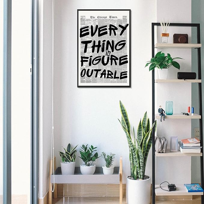 Retro Black And White Newspaper Poster Every Thing Is Figure Outable Canvas Wall Art Positive Affirming Quote Minimalist Prints Painting For Home Bedroom Dorm Wall Decor 12x16in Unframed