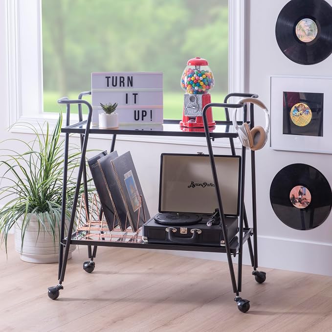 Linon Gina Black Mid Century Bar Cart with Mirrored Shelves