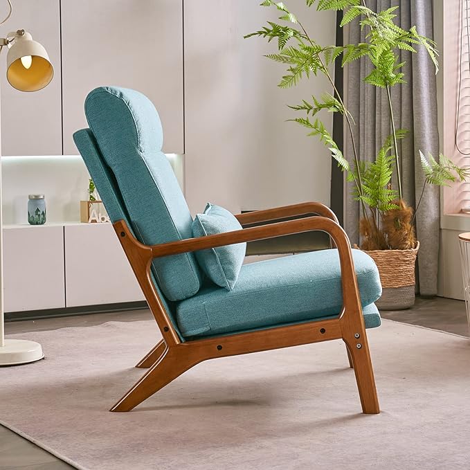 Karl home Accent Chair Mid-Century Modern Chair with Pillow High Back Linen Fabric Upholstered Lounge Arm Chair with Solid Wood Frame & Soft Cushion for Living Room, Bedroom, Balcony, Teal