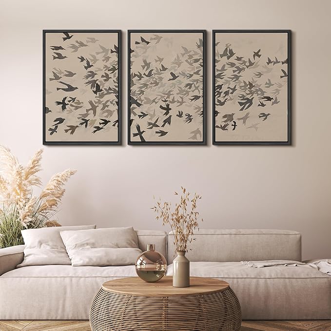 MUDECOR Framed Wall Art Print Set Minimalist Subtle Birds in Motion Illustrations Modern Art Boho Decorative Colorful Chic for Living Room, Bedroom, Office - 24"x36"x3 Black