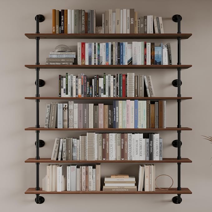 HDDFER 48 InchPipe Bookshelf Floating Shelves for Wall Shelves Bookshelf Industrial Pipe Shelving Shelves Real Wood Planks Rustic Hanging Shelves Farmhouse Kitchen Bar Shelving